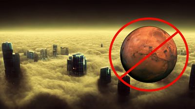an artist impression of a city in they clouds and then a big forbidden sign over mars