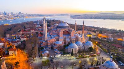 Aerial view of Hagia Sophia Mosque (Ayasofya Cami) in Istanbul TUrkey