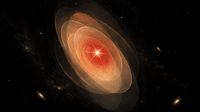 a red dot is seen brightly at the center and faint disks over lap around it creating the impression of the structure
