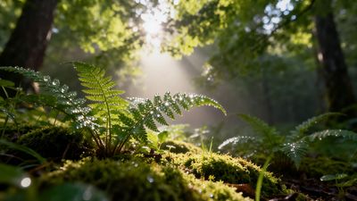 A forest landscape with the sun coming through the trees shining on a small fern.