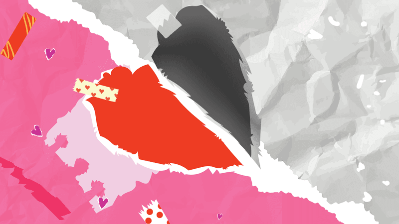 A paper heart ripped in two, one side is red and cute and happy, the other grey, indictaing the dark side of limerence