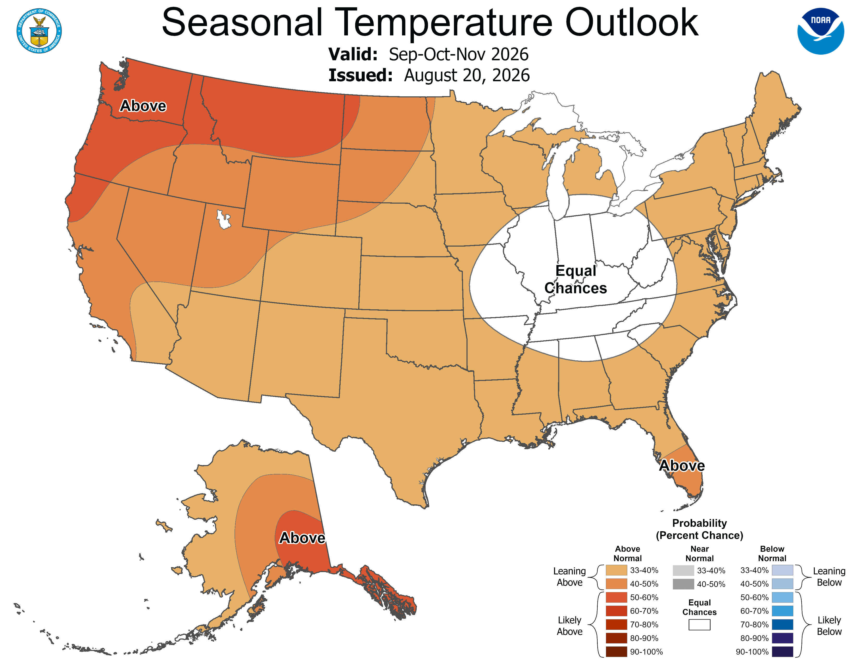 Seasonal temperatures outlooks for the US during September, October, and November 2026. Seasonal temperatures outlooks for the US during September, October, and November 2026.