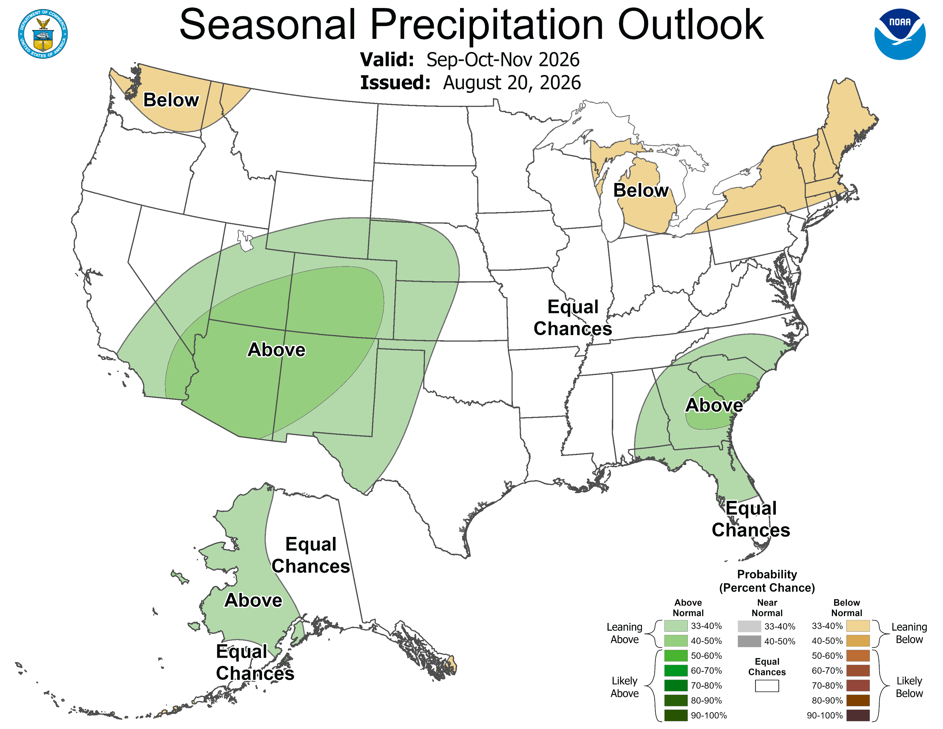 Seasonal precipitation outlooks for the US during September, October, and November 2026. Seasonal precipitation outlooks for the US during September, October, and November 2026.