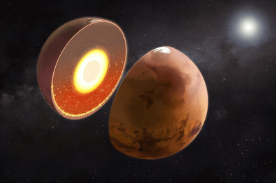 a sliced version of the red planet with a mantle that looks hotter in the south