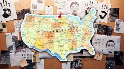 US map pinned on a crime board with identikit photos, fingerprints and other evidence