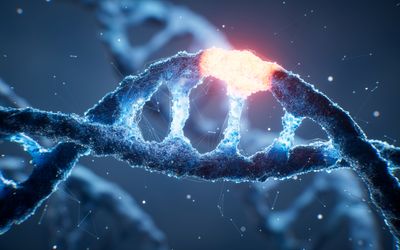 3D render of DNA molecule with glowing section to indicate a mutation