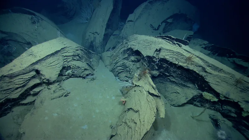 6 rocky extrusions of tar have grown out of the seabed like petals on a flower
