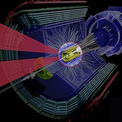 artist rendition of the alice experiment with a collisions going on and two inset show a round droplet from the oxygen collision and a fat-bowling-pin droplet in the neon collisions