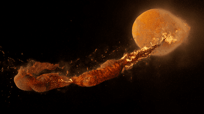 a visualization of a molten moon and earth assembling