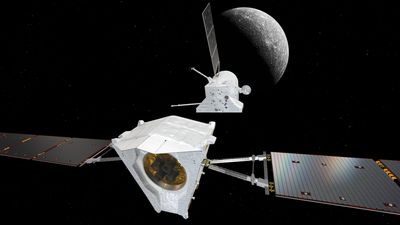 two portions of the spacecraft are seen apart with Mercury in the backgroud