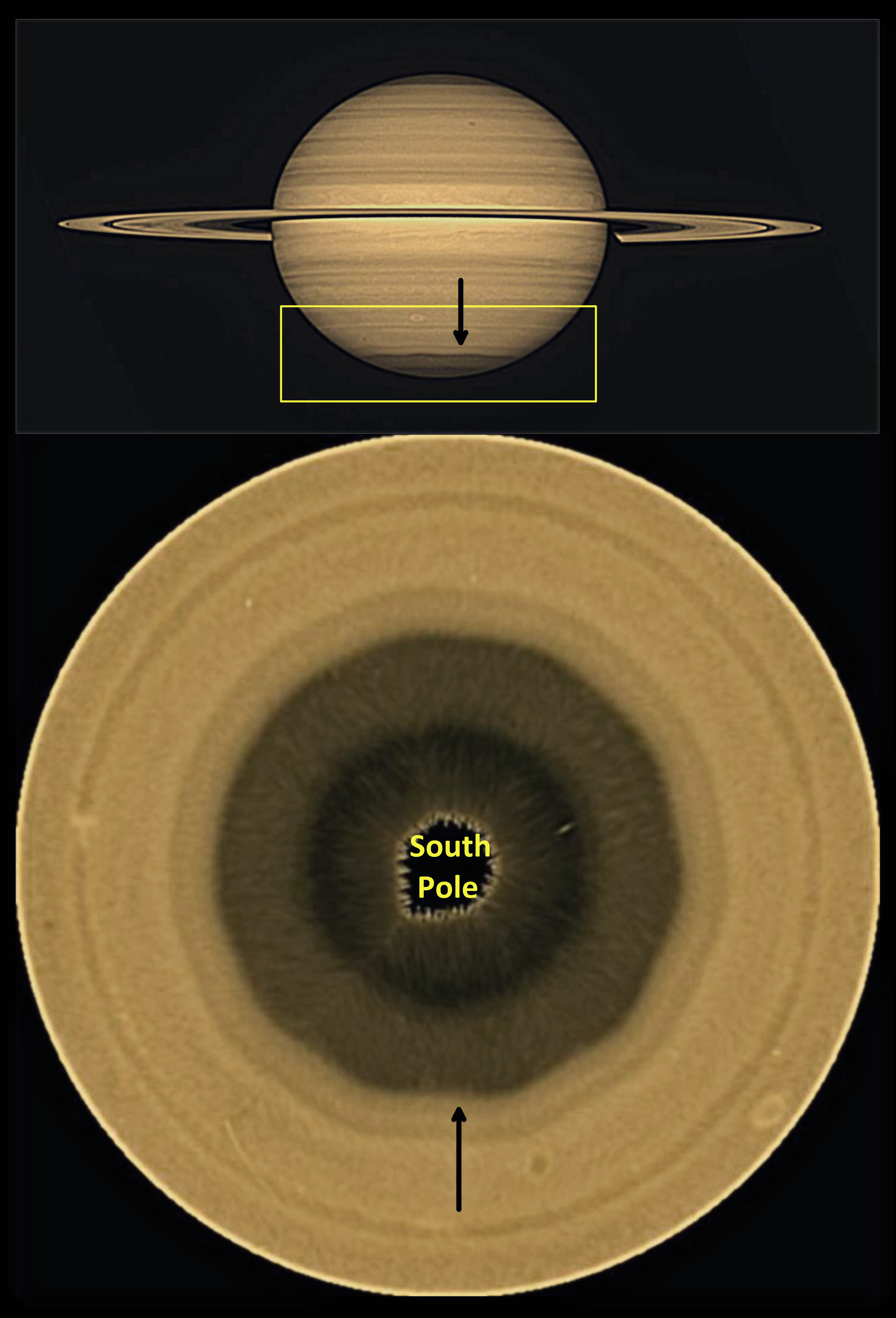 As seen by the Hubble Space Telescope around the equinox, the decagon is just a dark smudge at the bottom, but reconstructions show what we would see perched above the pole