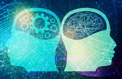 two human heads illustrated looking away from each other, one brain is full of cogs to illustrate machinery and one is full of squiggles to indicate organic matter