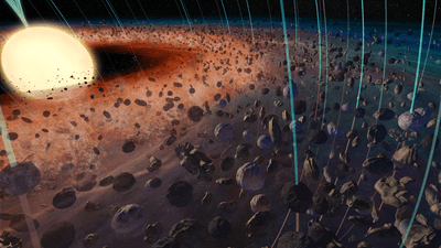 artist impression of a disk of small rocks around a young stars and magnetic field lines going from the star to the disk