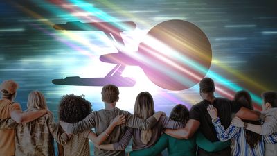 silhouette of the starship enterprise overlaid with coloured beams in blue, red, and gold, with a group of people all lined up with their arms around each other facing away from the camera