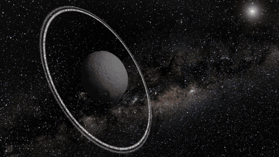 Chariklo, a small object surrounded by a two-ring system. Artist impression.