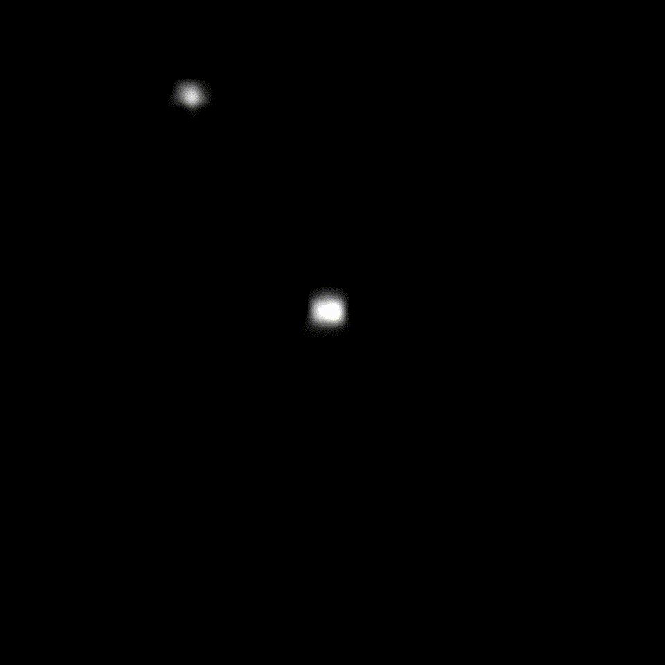 A small white dot passes in front of a larger white dot: Chariklo occulting a star. A small white dot passes in front of a larger white dot: Chariklo occulting a star.