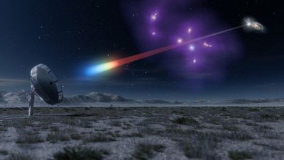 artist impression of a signal passing through a galaxy cluster and becoming a rainbow