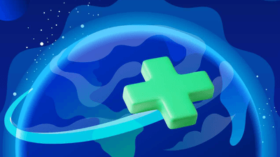 A green medical cross whooshing around the planet Earth.