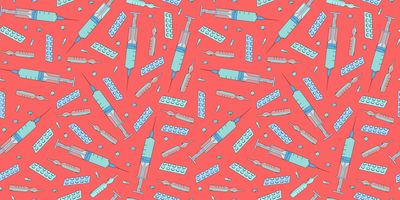 repeating pattern of hand-drawn syringes, pill packets, vials and pills on a red background