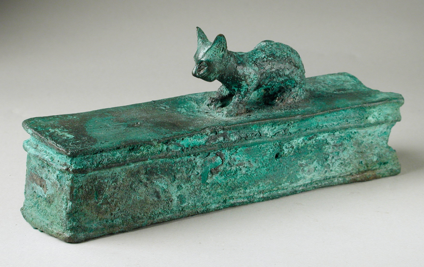 "Kitten Figurine Crouching on a Long Box" from the Late Period - Ptolemaic Period (664 - 30 BCE) of Egypt, held at the Los Angeles County Museum of Art, Gift of Carl W. Thomas. "Kitten Figurine Crouching on a Long Box" from the Late Period - Ptolemaic Period (664 - 30 BCE) of Egypt, held at the Los Angeles County Museum of Art, Gift of Carl W. Thomas.