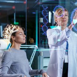 sci fi-inspired image of woman undergoing EEG with a female scientist looking at data on a see-through screen