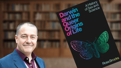 The front cover of Darwin and the Queer Origins of Life and a picture of Ross Brooks.