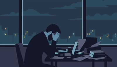 An illustration of a man sat at a desk in an office at night with his head in his hands.