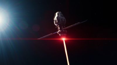 a satellite shooting a big red laser