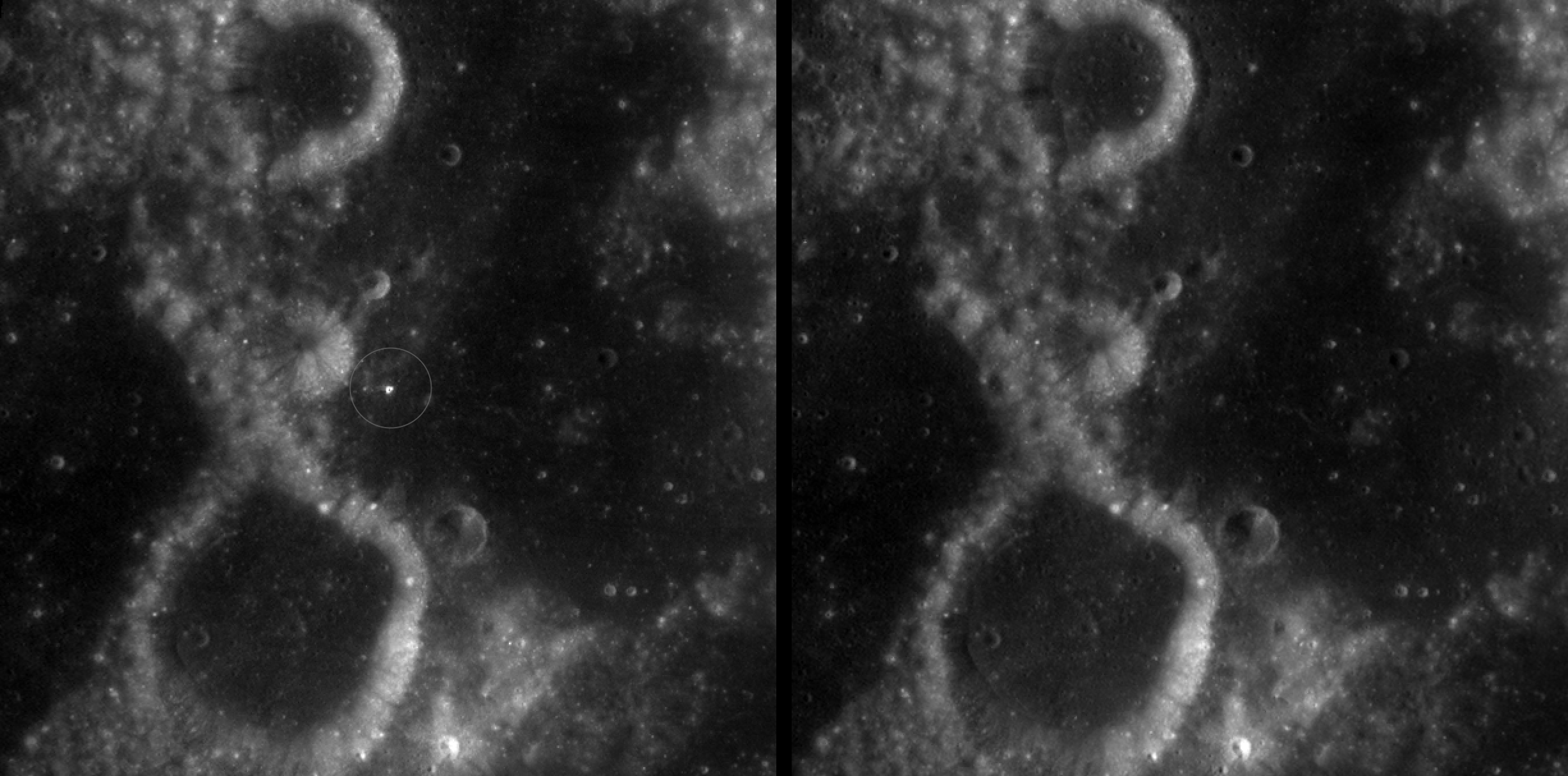 The panel on the left is made from images captured by NASA’s Lunar Reconnaissance Orbiter Wide-Angle Camera in summer 2025; the right panel was made from images taken in spring 2011. The panel on the left is made from images captured by NASA’s Lunar Reconnaissance Orbiter Wide-Angle Camera in summer 2025; the right panel was made from images taken in spring 2011.