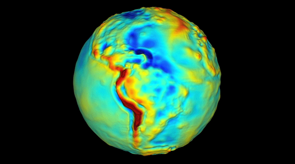 An animation of Earth’s gravity field: areas with less mass (less gravity), such as ocean basins, show up as blue, while mountains, representing the greater pull of gravity, are red.