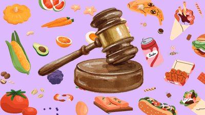 illustrations of different types of foods on lilac background, with a hand-drawn gavel over the top in the centre