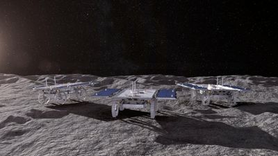 An animated artist's illustration of three small rovers from NASA's CADRE (Cooperative Autonomous Distributed Robotic Exploration) mission that's headed for the Moon in late-2026.