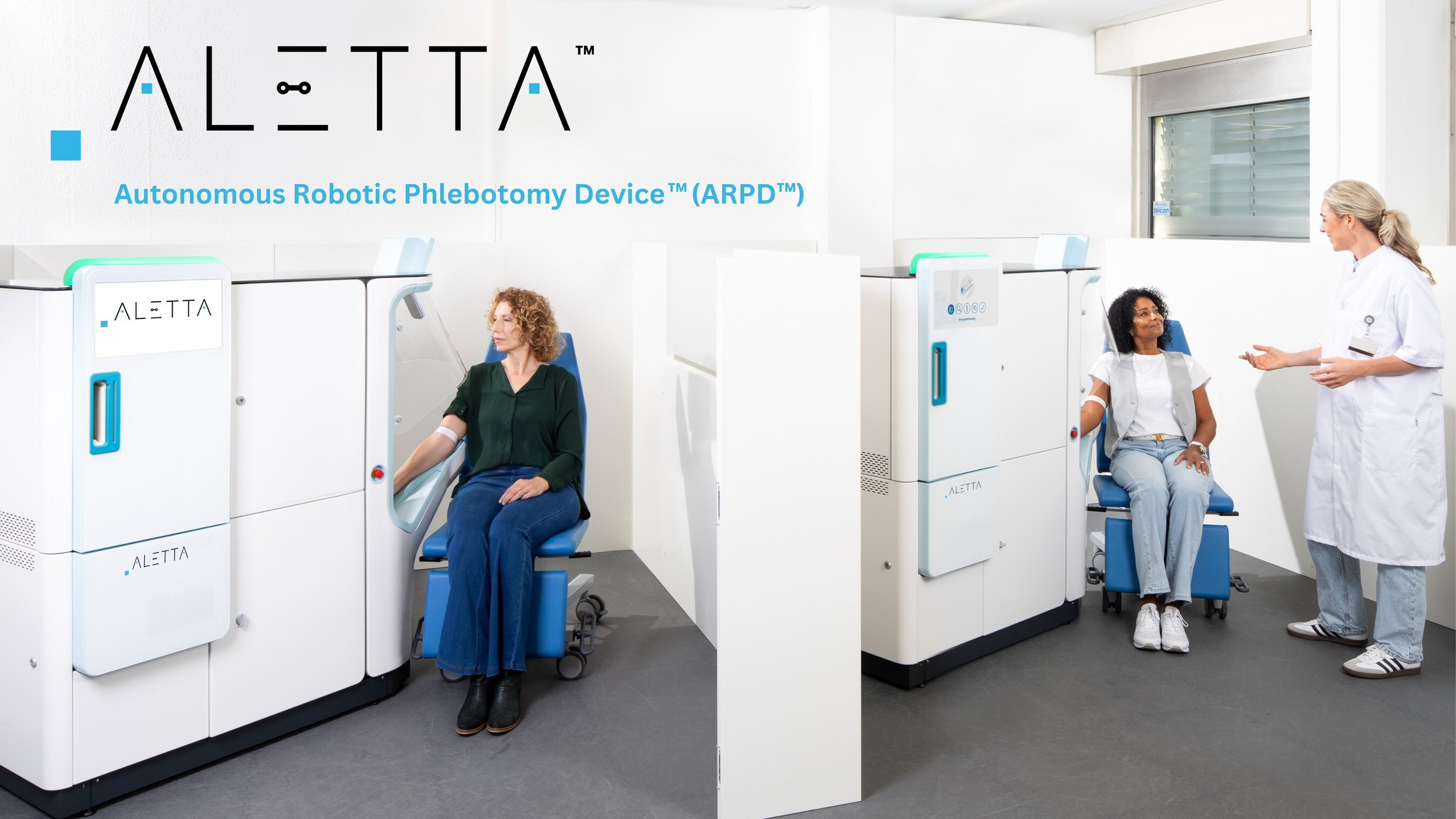 Aletta: the world’s first Autonomous Robotic Phlebotomy Device™ (ARPD™) in action: two devices with two patients and one supervisor. Aletta: the world’s first Autonomous Robotic Phlebotomy Device™ (ARPD™) in action: two devices with two patients and one supervisor.