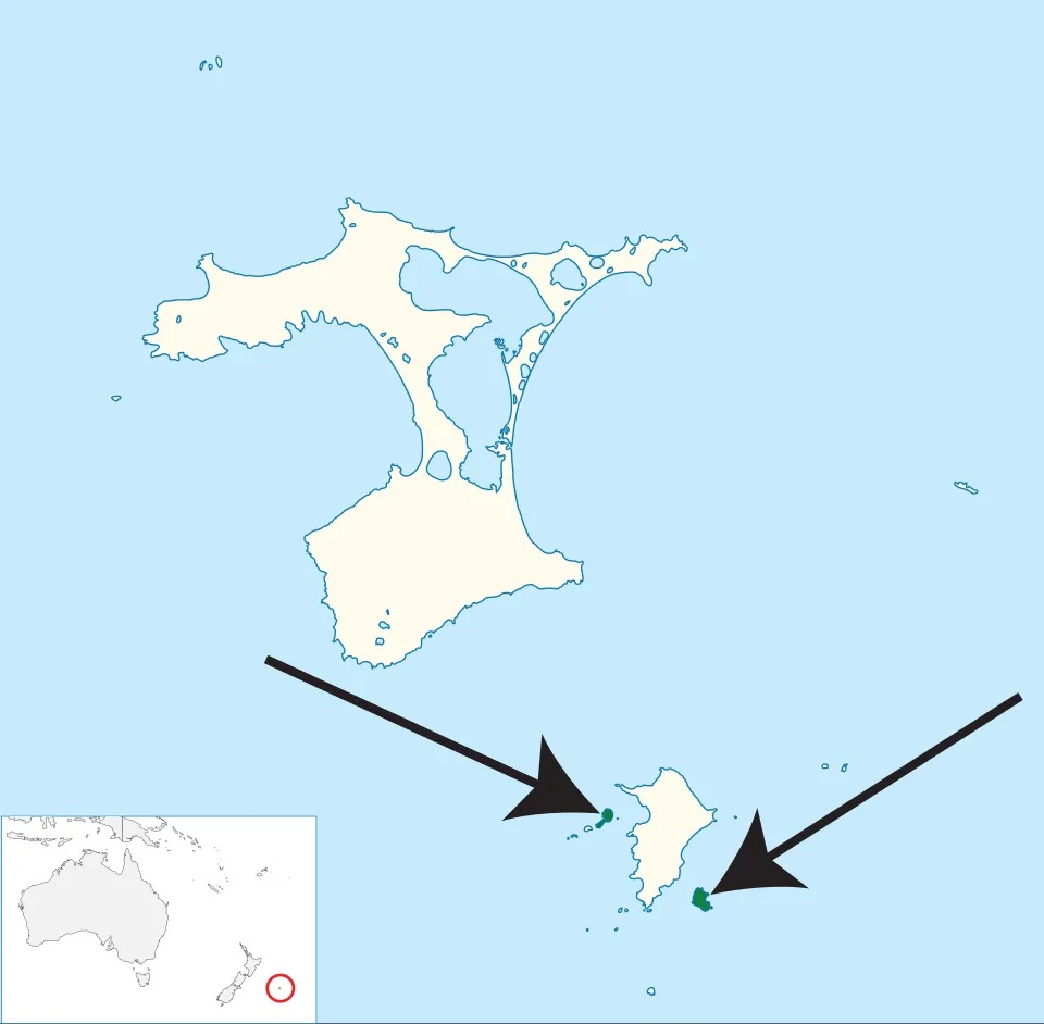 A map of the Chatham Islands showing green places where the robins live. A map of the Chatham Islands showing green places where the robins live.