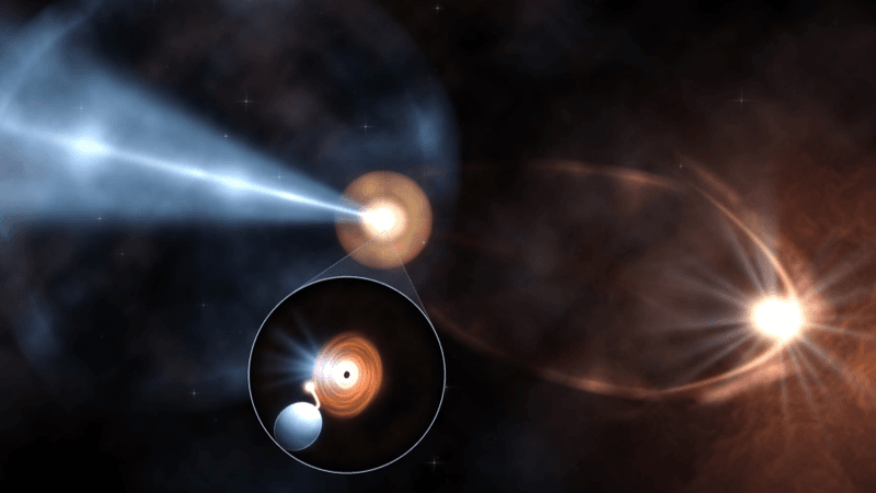 the impression shows a jet pointing to the side and another invisible to us slamming into a gas cloud. An inset show the black hole stealing material from a star