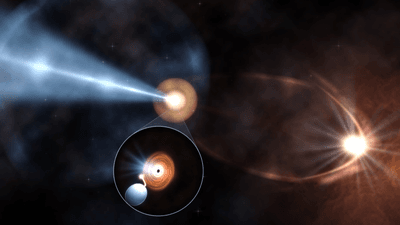 the impression shows a jet pointing to the side and another invisible to us slamming into a gas cloud. An inset show the black hole stealing material from a star
