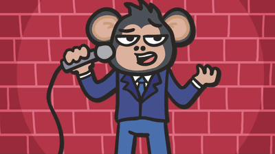 An illustration of a chimpanzee as a stand up comedian. 