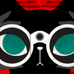 An illustration of a cat looking through a pair of binoculars. 