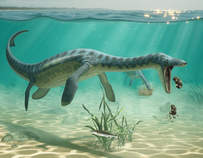 A pleisosaur with blue striped body vomits in shallow water