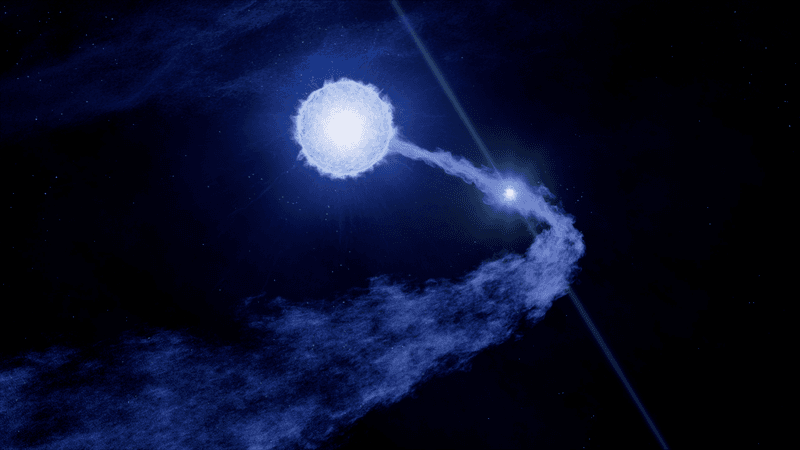 a large blue star is releasing a long stream of plasma and within it a small but bright dot with two jets represents a pulsar