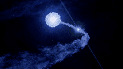 a large blue star is releasing a long stream of plasma and within it a small but bright dot with two jets represents a pulsar