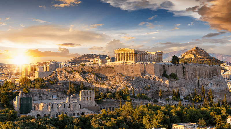 The ruins of Ancient Greece, at sunset.