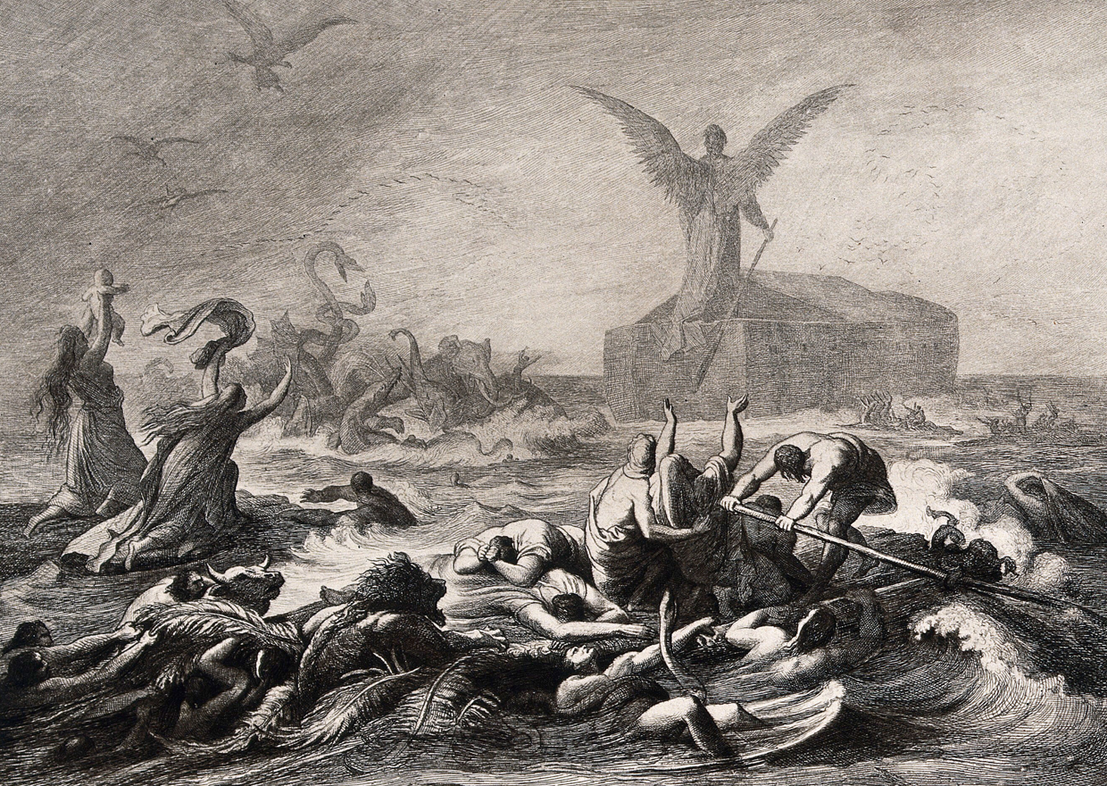 An etching by Etching by L. Friedrich after W. Kaulbach shows a huge angel stands atop Noah's ark, back turned, as it sails away from a gruesome mass of doomed souls. An etching by Etching by L. Friedrich after W. Kaulbach shows a huge angel stands atop Noah's ark, back turned, as it sails away from a gruesome mass of doomed souls.