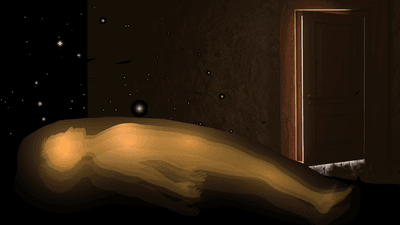 illustration of someone leaving their body, a door is opening in the corner