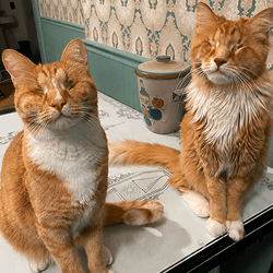 two ginger and white cats sitting on a table, the one on the left is a shorthair and the one on the right a longhair. They have both had their eyes removed.