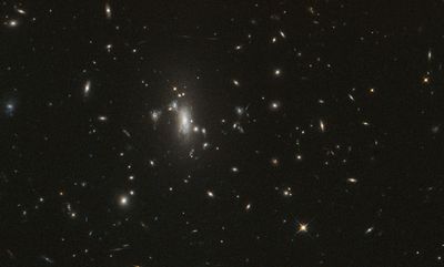 a large group of galaxies is visible in the middle with a few distored galaxies around the central object