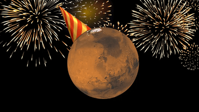 A photo of Mars with a party hat and fireworks behind it