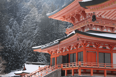 Snow falls on Enryaku-ji, the head temple of Tendai, located on Mount Hiei in otsu near Kyoto, Japan.