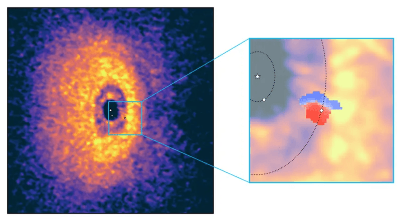Two images: one shows a protoplanetary disk with a gap and a cavity, and an inset zooming on the gap shows a planet with a wiggle. that's the swirling gas.