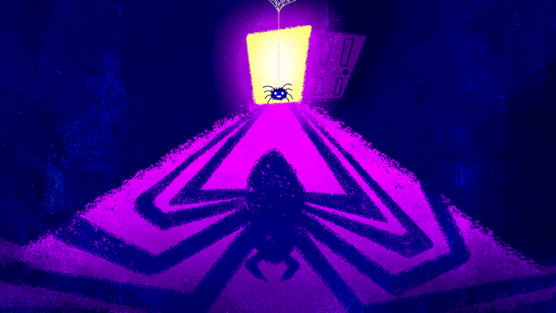 An illustration of a little spider backlit in a doorway casting a shadow of a much bigger, scarier looking spider.